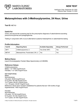 Metanephrines with 3-Methoxytyramine, 24 Hour, Urine