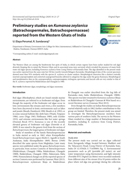 Preliminary Studies on Kumanoa Zeylanica (Batrachospermales, Batrachospermaceae) Reported from the Western Ghats of India ISSN 2255-9582