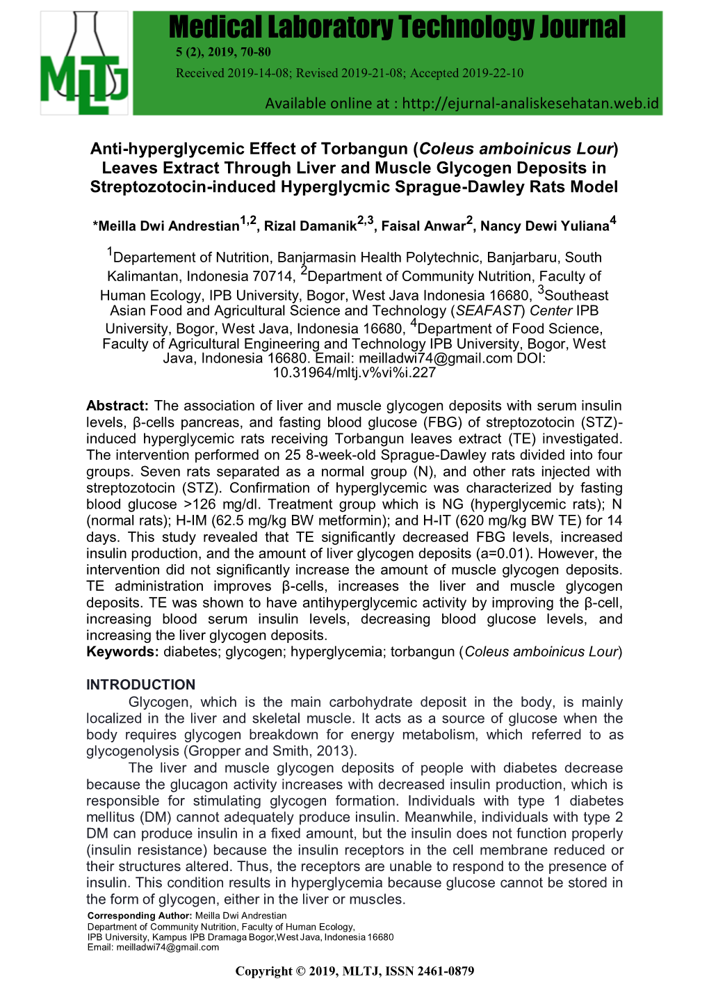 Medical Laboratory Technology Journal 5 (2), 2019, 70-80 Received 2019-14-08; Revised 2019-21-08; Accepted 2019-22-10