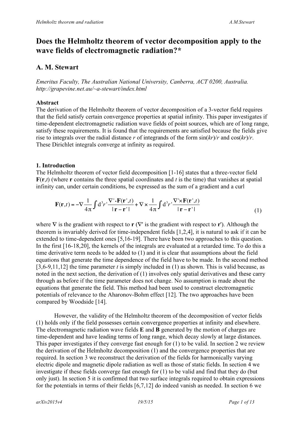 Does the Helmholtz Theorem of Vector Decomposition Apply to the Wave Fields of Electromagnetic Radiation?*