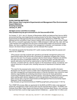 GLEN CANYON INSTITUTE Glen Canyon Dam Long-Term Experimental and Management Plan Environmental Impact Statement Scoping Comments January 31, 2012