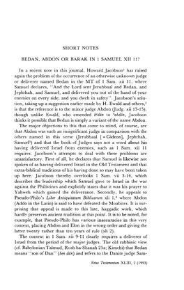 SHORT NOTES BEDAN, ABDON OR BARAK in 1 SAMUEL XII 11? in A