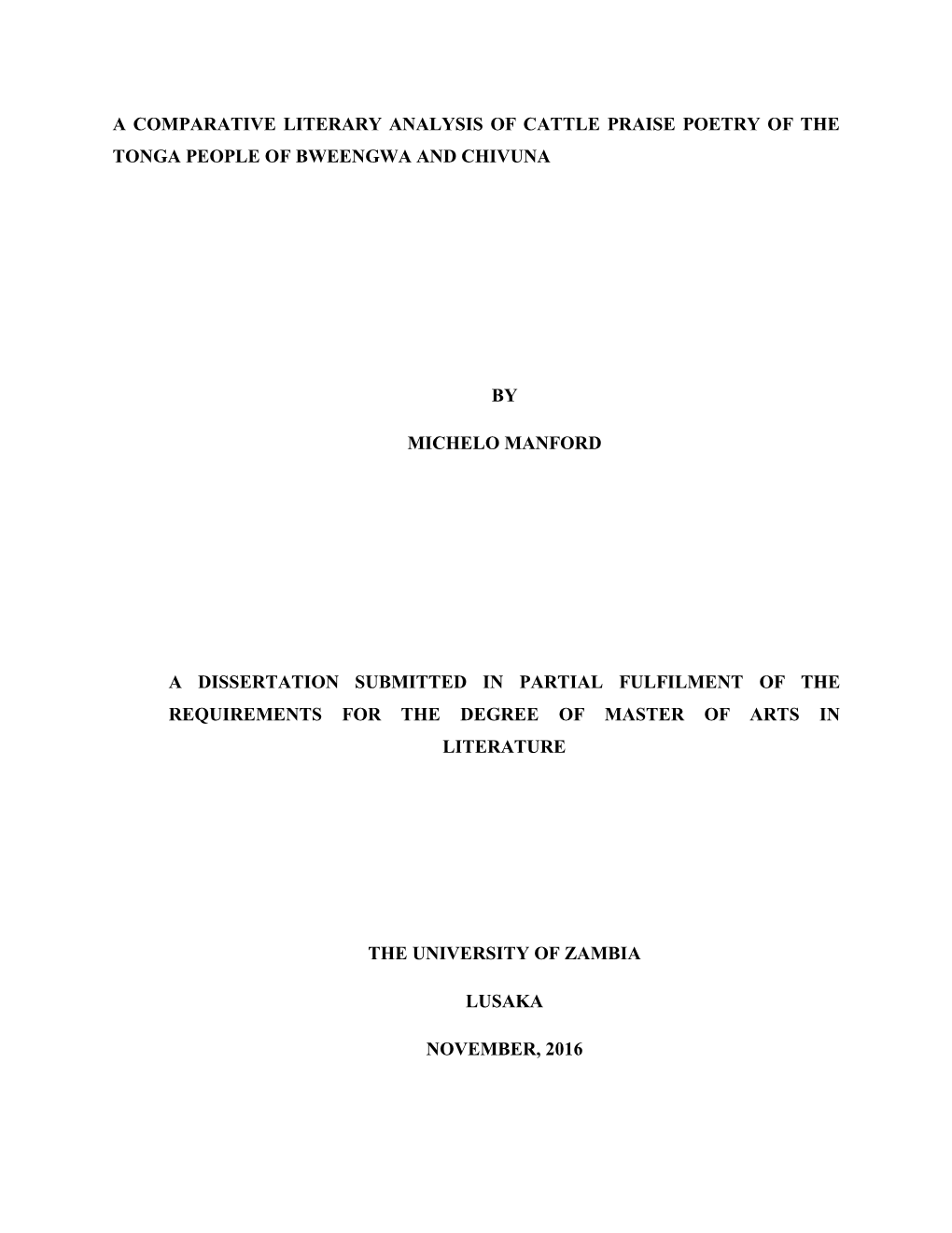 A Comparative Literary Analysis of Cattle Praise Poetry of the Tonga People of Bweengwa and Chivuna