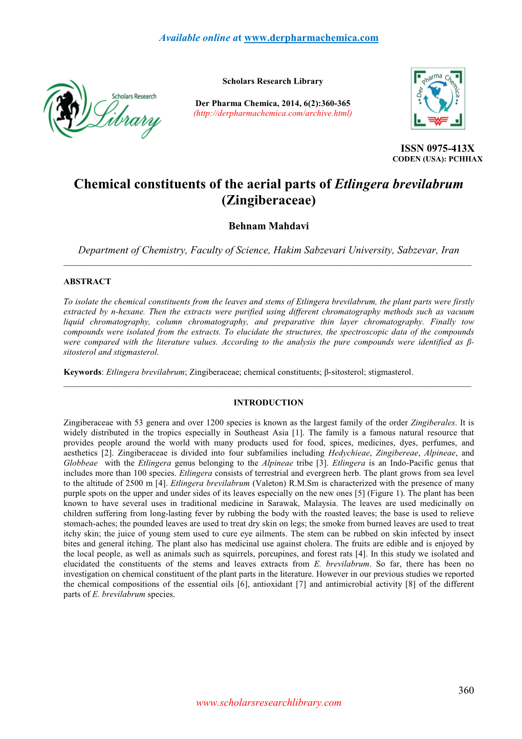 Chemical Constituents of the Aerial Parts of Etlingera Brevilabrum (Zingiberaceae)