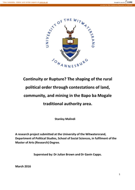 The Shaping of the Rural Political Order Through Contestations of Land, Community, and Mining in the Bapo Ba Mogale Traditional Authority Area