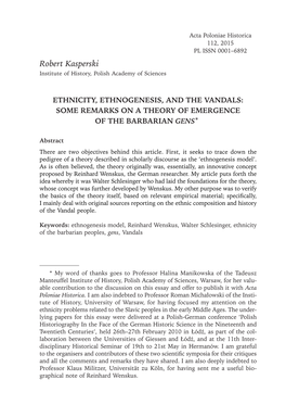 Ethnicity, Ethnogenesis, and the Vandals: Some Remarks on a Theory of Emergence of the Barbarian Gens*1
