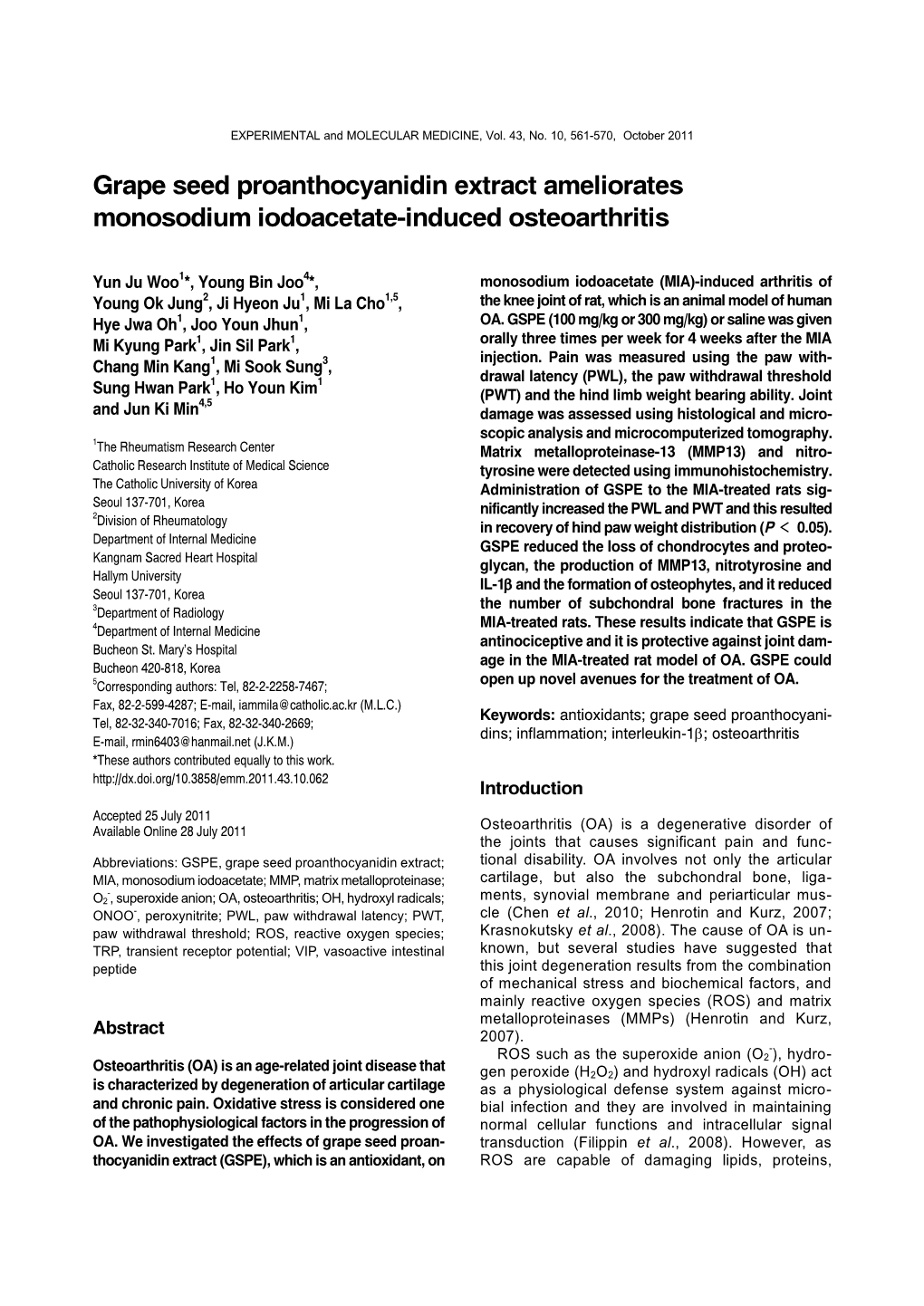 Grape Seed Proanthocyanidin Extract Ameliorates Monosodium Iodoacetate-Induced Osteoarthritis