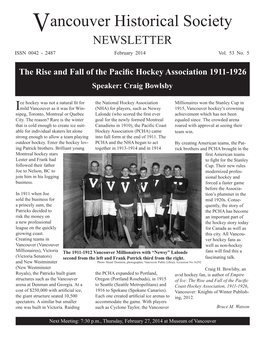 Vancouver Historical Society NEWSLETTER ISSN 0042 - 2487 February 2014 Vol