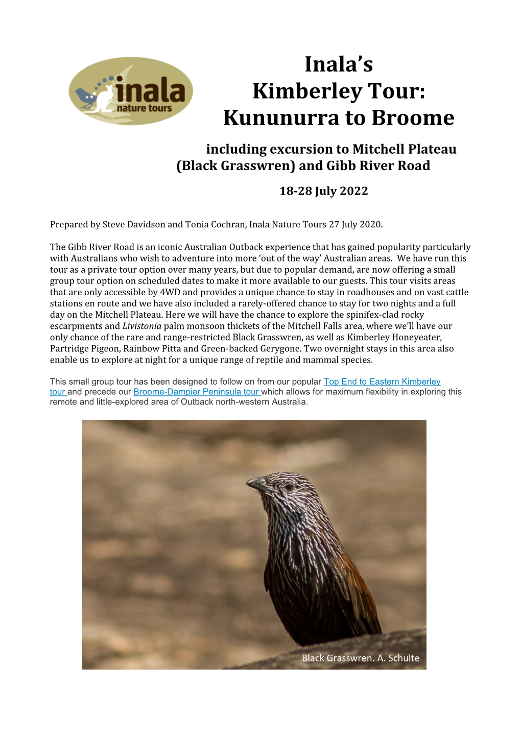 To Download the Itinerary for the Kununurra to Broome Tour
