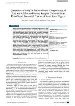 Comparative Study of the Nutritional Compositions of Pure and Adulterated Honey Samples Collected from Kano South Senatorial District of Kano State, Nigeria