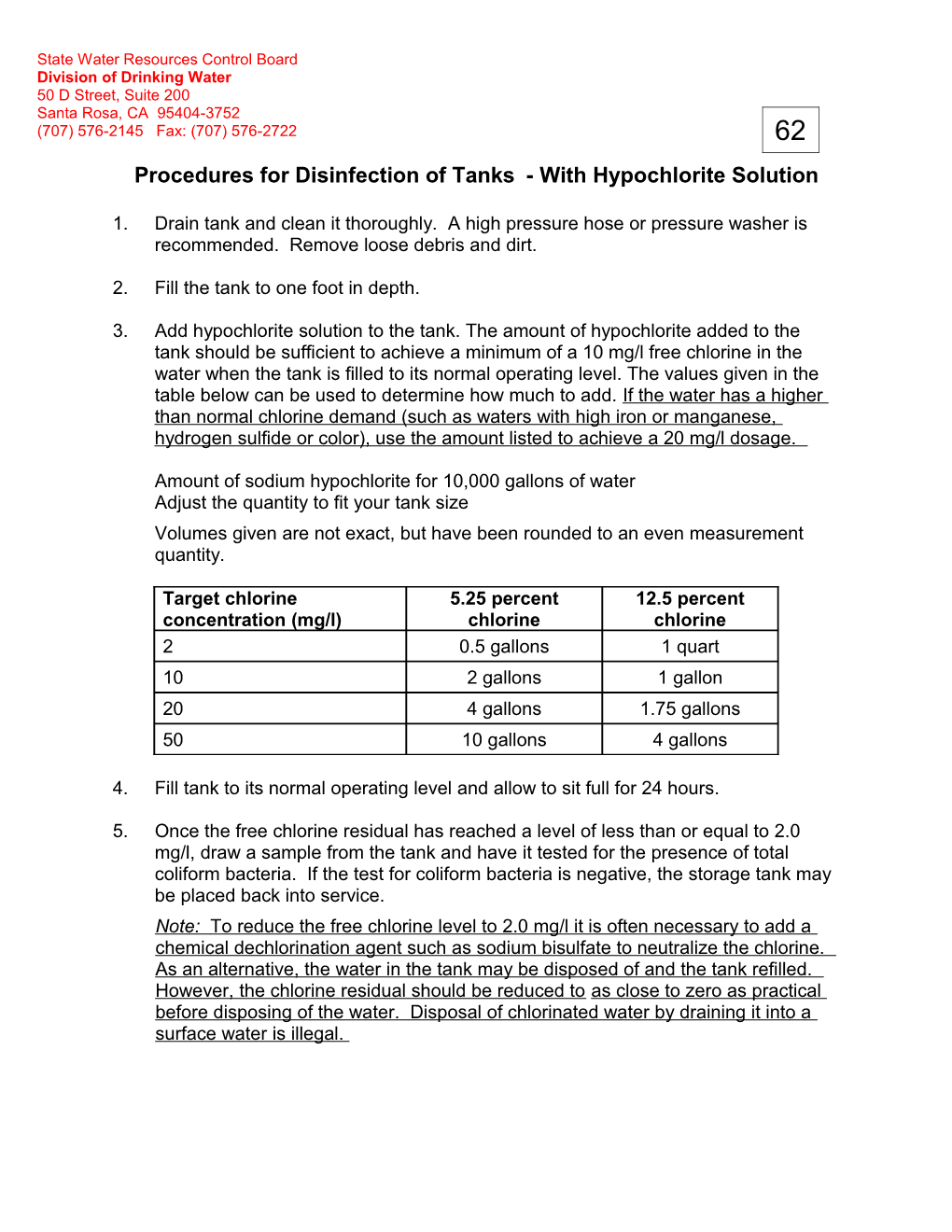 Procedures for Disinfection of Tanks with Hypochlorite Solution