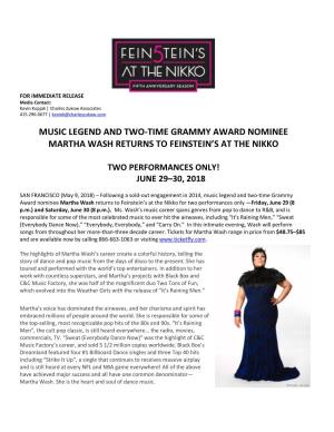 Music Legend and Two-Time Grammy Award Nominee Martha Wash Returns to Feinstein’S at the Nikko