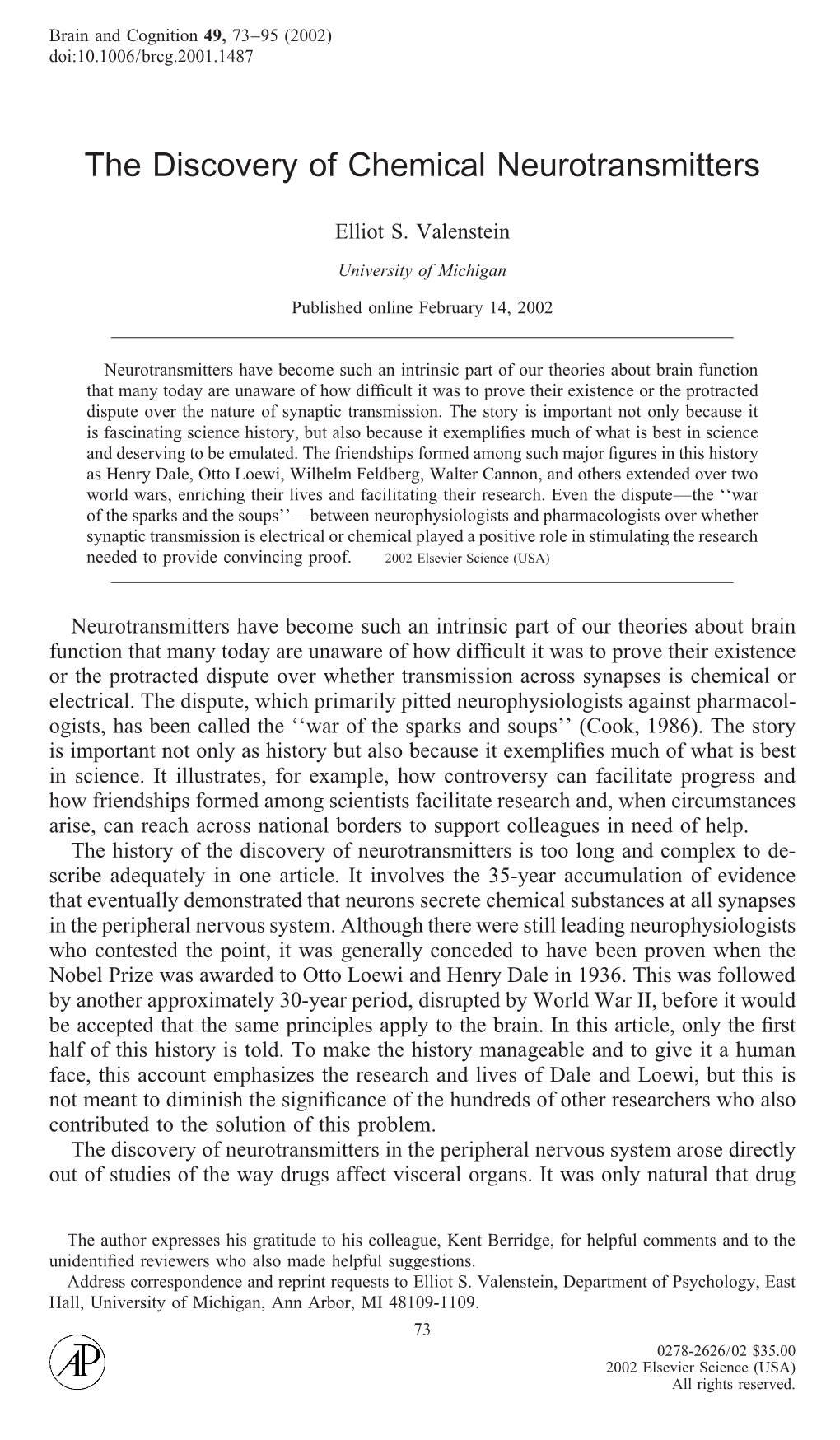 The Discovery of Chemical Neurotransmitters