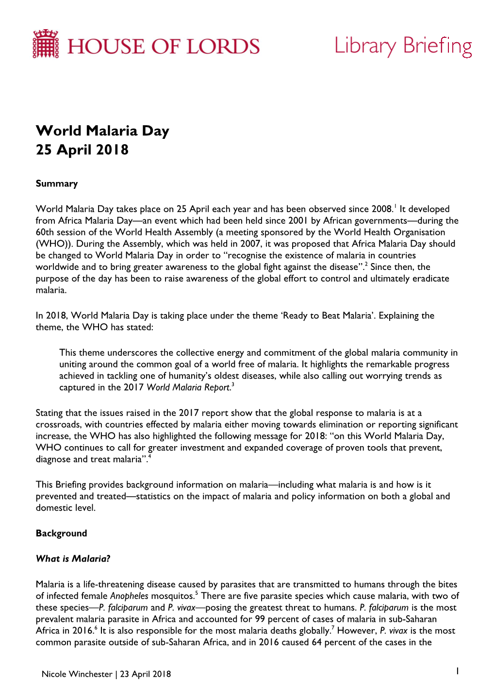 World Malaria Day 25 April 2018