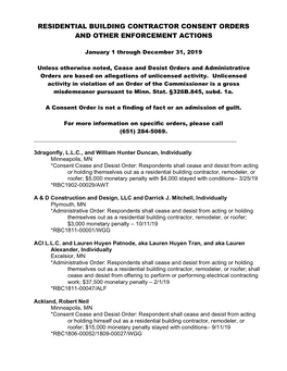 Residential Building Contractor Consent Orders and Other Enforcement Actions