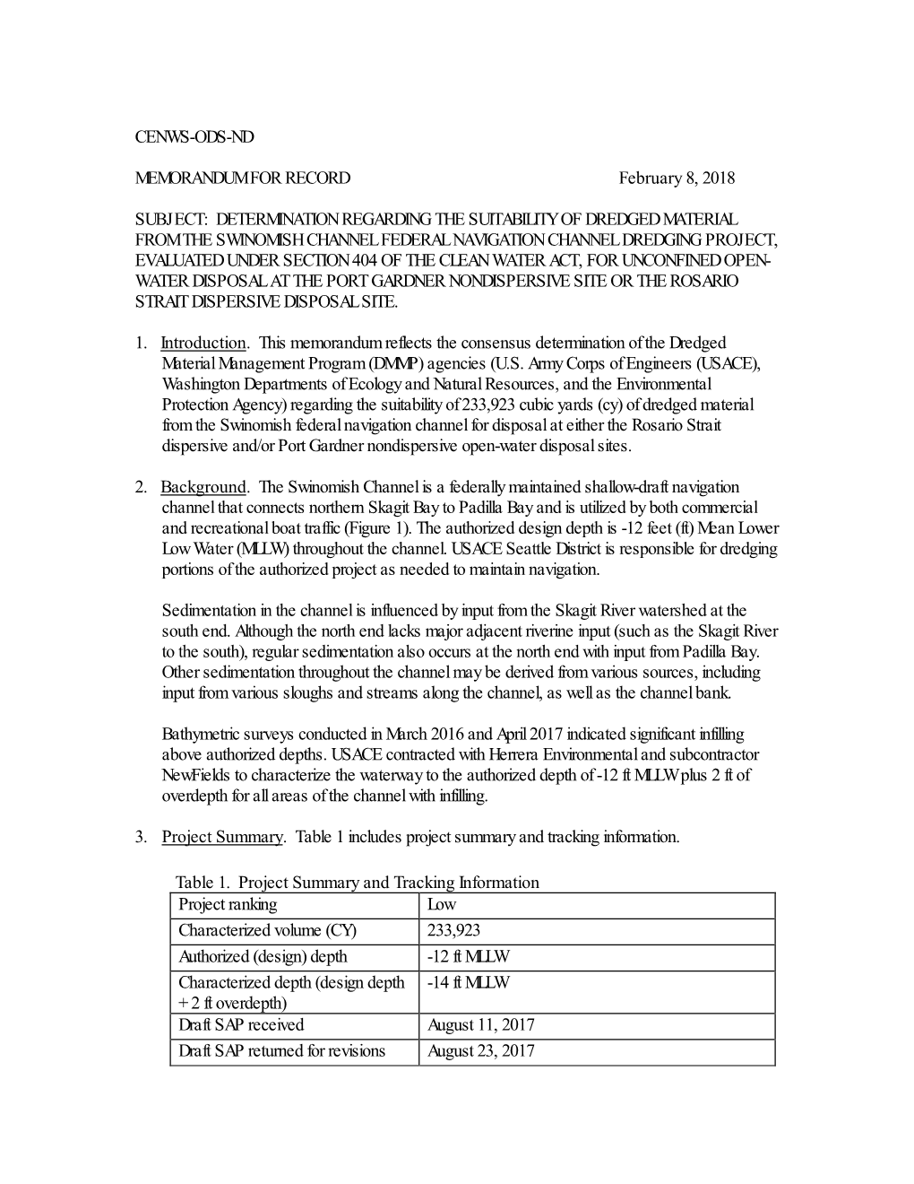 CENWS-ODS-ND MEMORANDUM for RECORD February 8, 2018