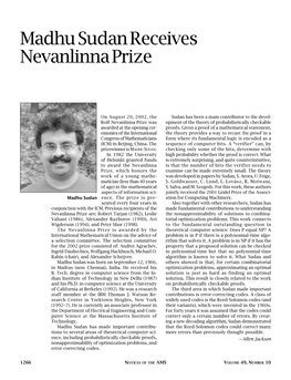 Madhu Sudan Receives Nevanlinna Prize, Volume 49, Number 10