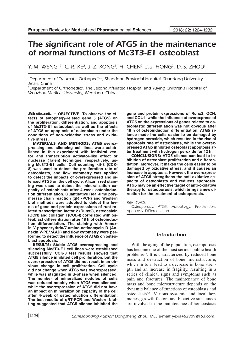 The Significant Role of ATG5 in the Maintenance of Normal Functions of Mc3t3-E1 Osteoblast