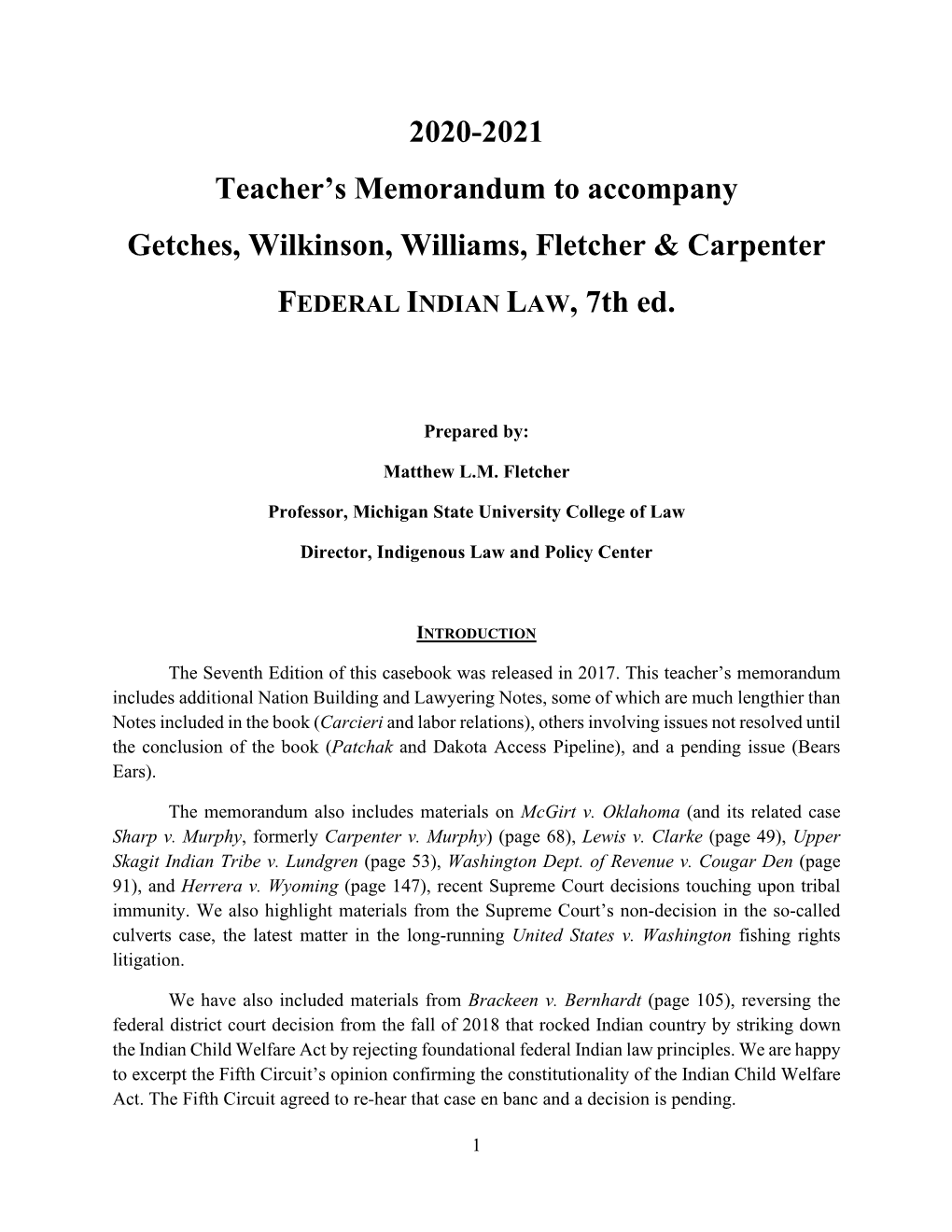 2020-2021 Teacher's Memorandum to Accompany Getches, Wilkinson