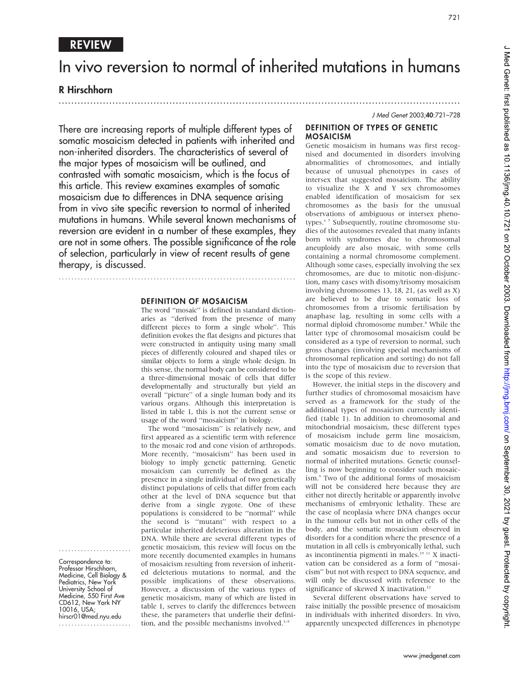 In Vivo Reversion to Normal of Inherited Mutations in Humans R Hirschhorn