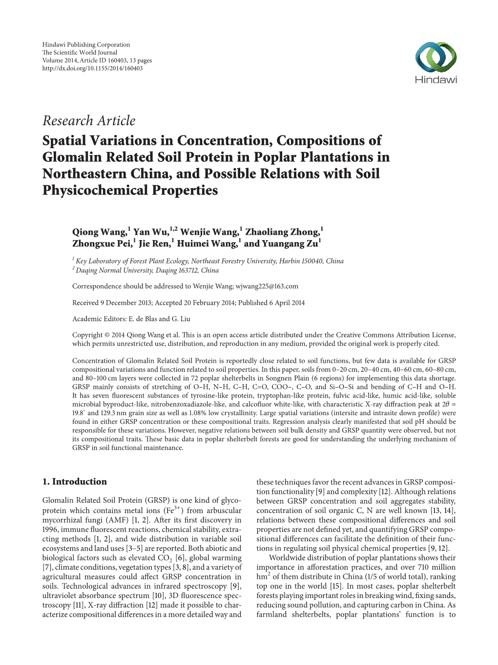 Spatial Variations in Concentration, Compositions of Glomalin Related Soil Protein in Poplar Plantations in Northeastern China, and Possible Relations with Soil Physicochemical Properties