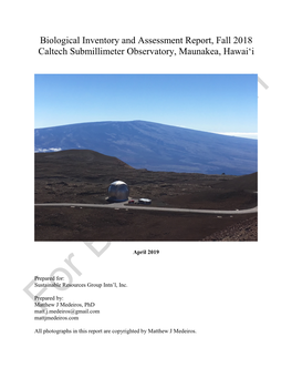 Biological Inventory and Assessment Report, Fall 2018 Caltech Submillimeter Observatory, Maunakea, Hawai‘I