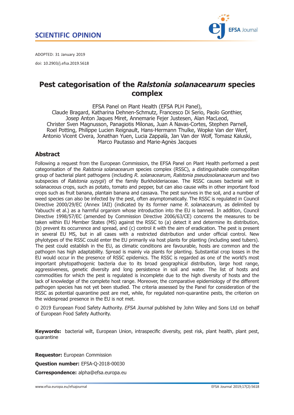 Pest Categorisation of the Ralstonia Solanacearum Species Complex