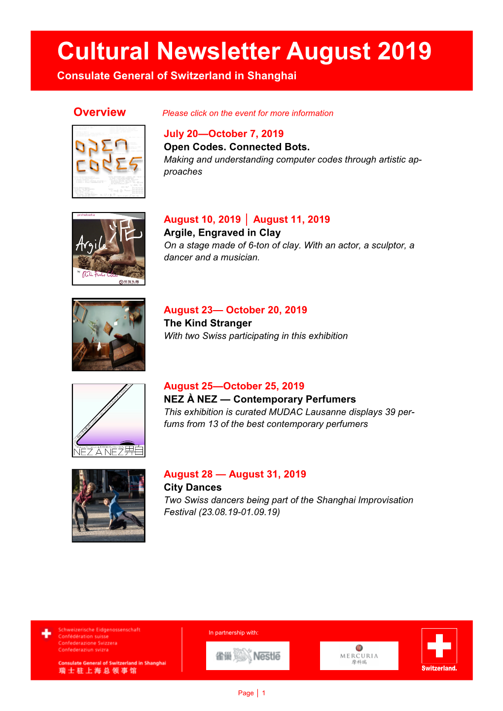 Cultural Newsletter August 2019 Consulate General of Switzerland in Shanghai