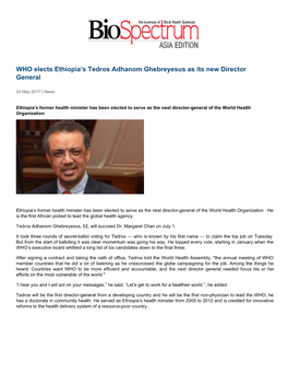 WHO Elects Ethiopia™S Tedros Adhanom