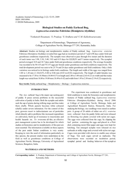 Biological Studies on Paddy Earhead Bug, Leptocorisa Oratorius Fabricius (Hemiptera:Alydidae)