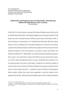 Public Order and Popular Protest in Colonial India: Remembering Jallianwala Bagh Massacre After a Century (Working Paper)