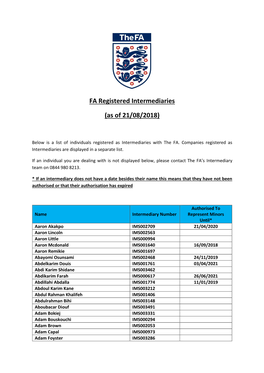 FA Registered Intermediaries (As of 21/08/2018)