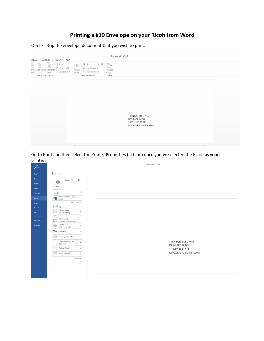 Printing a #10 Envelope on Your Ricoh from Word