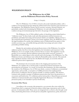 The Wilderness Act of 1964 and the Wilderness Policy Preservation