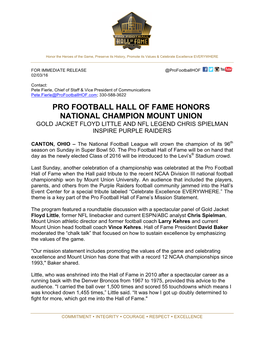Pro Football Hall of Fame Honors National Champion Mount Union Gold Jacket Floyd Little and Nfl Legend Chris Spielman Inspire Purple Raiders