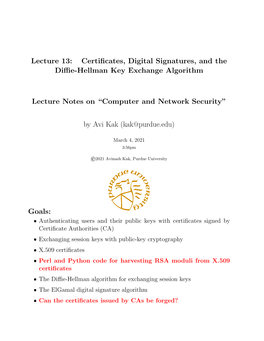 Certificates, Digital Signatures, and the Diffie-Hellman Key Exchange Algorithm Lecture Notes On