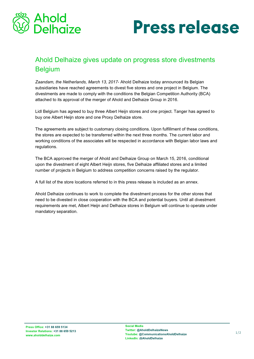 Ahold Delhaize Gives Update on Progress Store Divestments Belgium