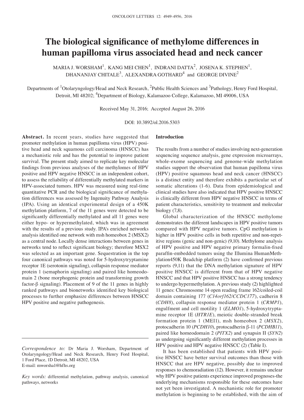 The Biological Significance of Methylome Differences in Human Papilloma Virus Associated Head and Neck Cancer