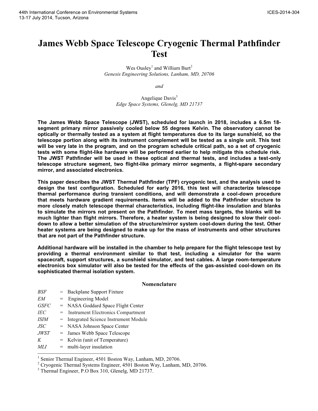 James Webb Space Telescope Cryogenic Thermal Pathfinder Test