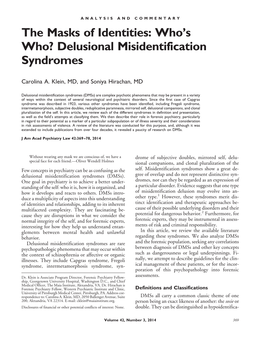 Delusional Misidentification Syndromes