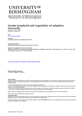 Innate Lymphoid Cell Regulation of Adaptive Immunity Withers, David R