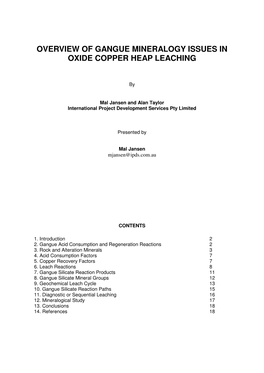 Overview of Gangue Mineralogy Issues in Oxide Copper Heap Leaching