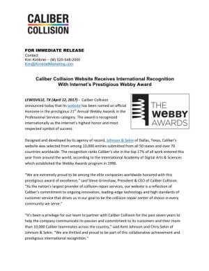 Caliber Collision Website Receives International Recognition with Internet’S Prestigious Webby Award
