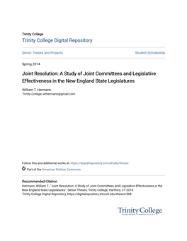A Study of Joint Committees and Legislative Effectiveness in the New England State Legislatures