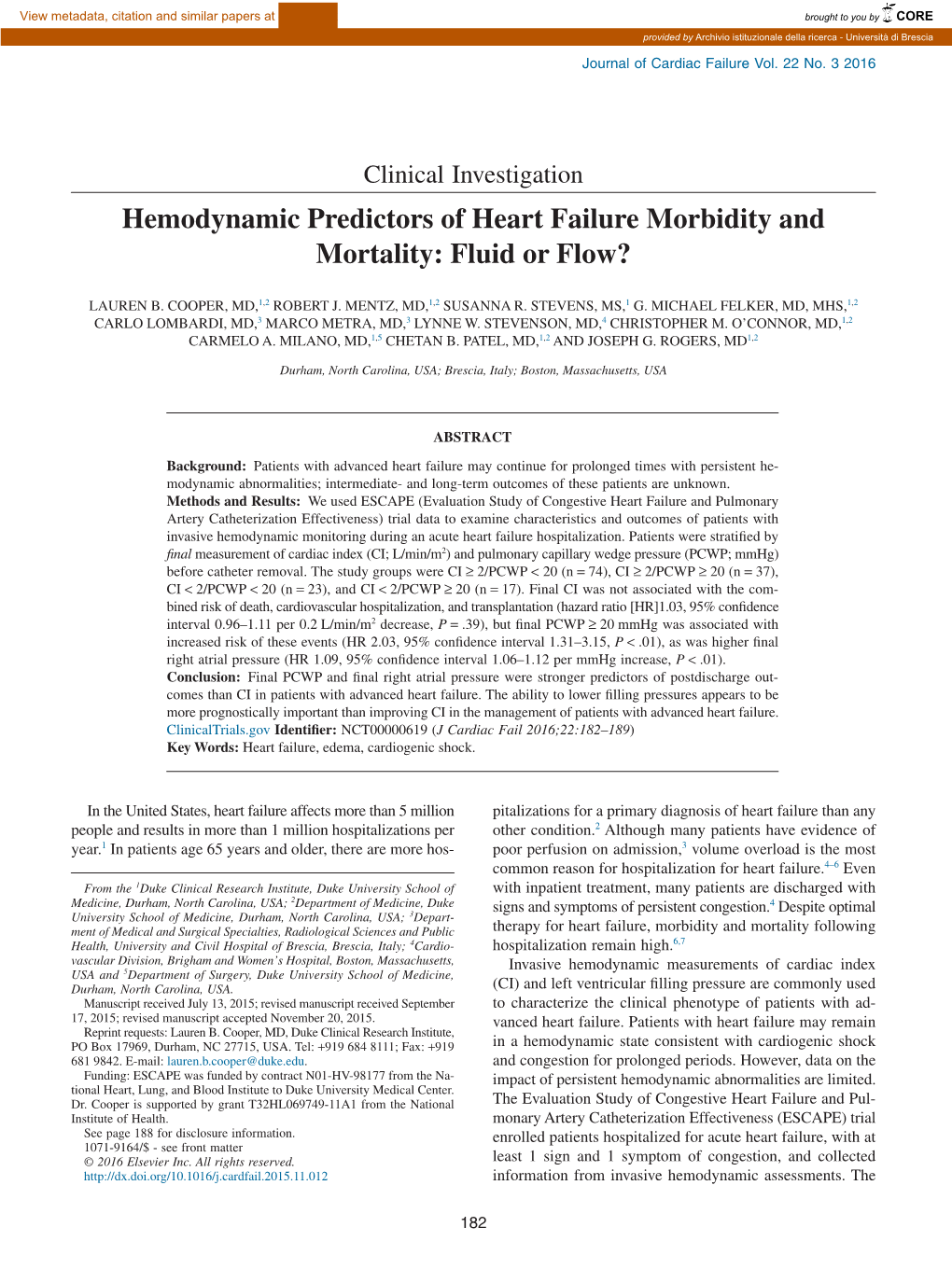 Hemodynamic Predictors of Heart Failure Morbidity and Mortality: Fluid Or Flow?