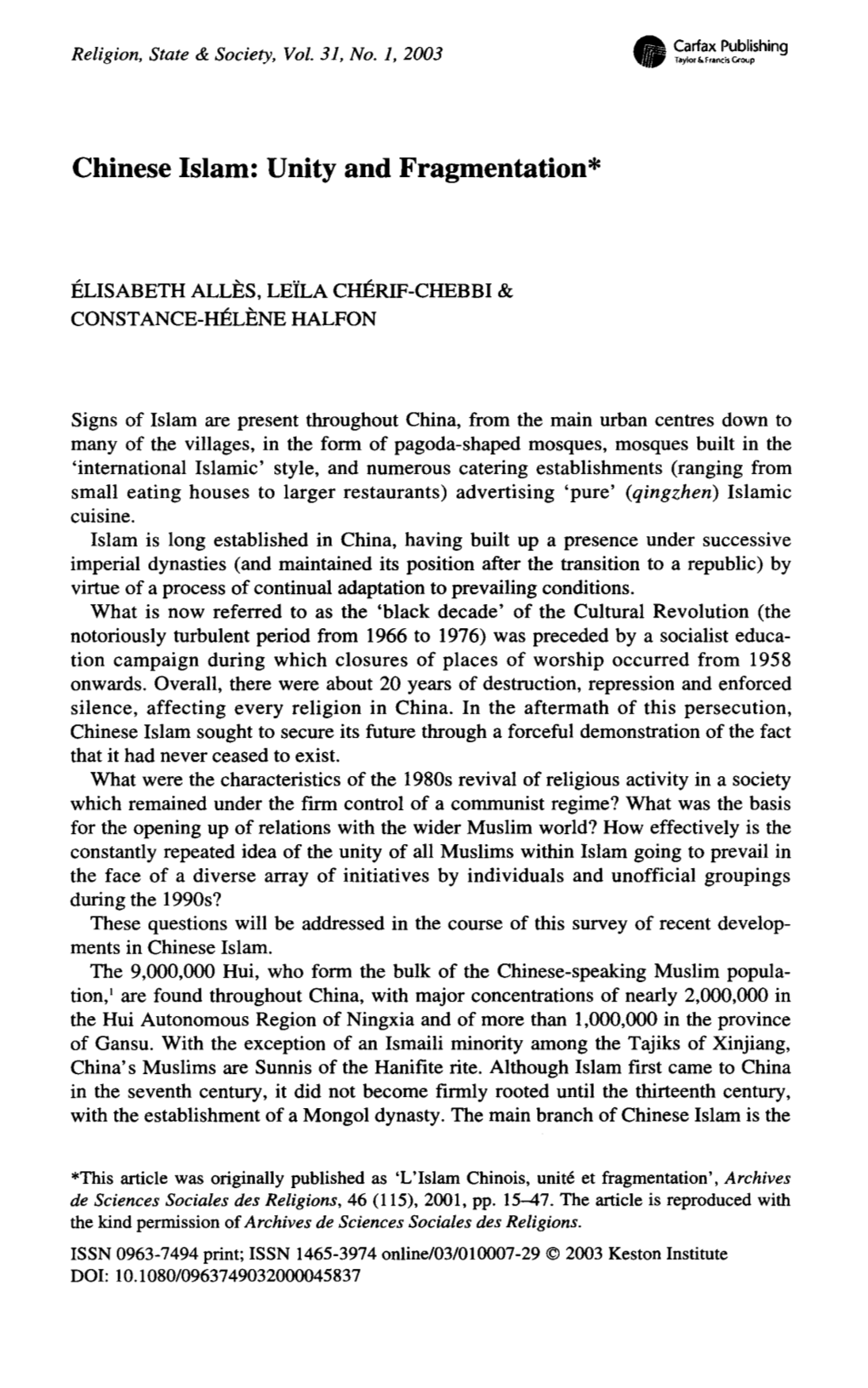 Chinese Islam: Unity and Fragmentation*