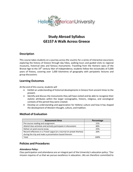Study Abroad Syllabus GE157 a Walk Across Greece