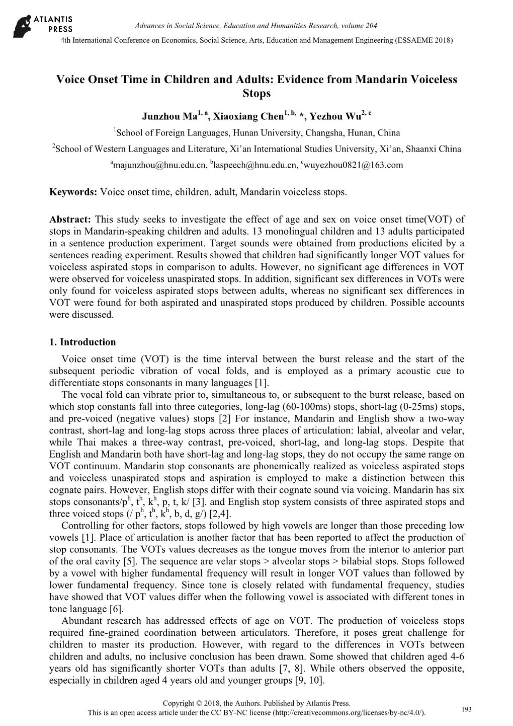 Voice Onset Time in Children and Adults: Evidence from Mandarin Voiceless Stops