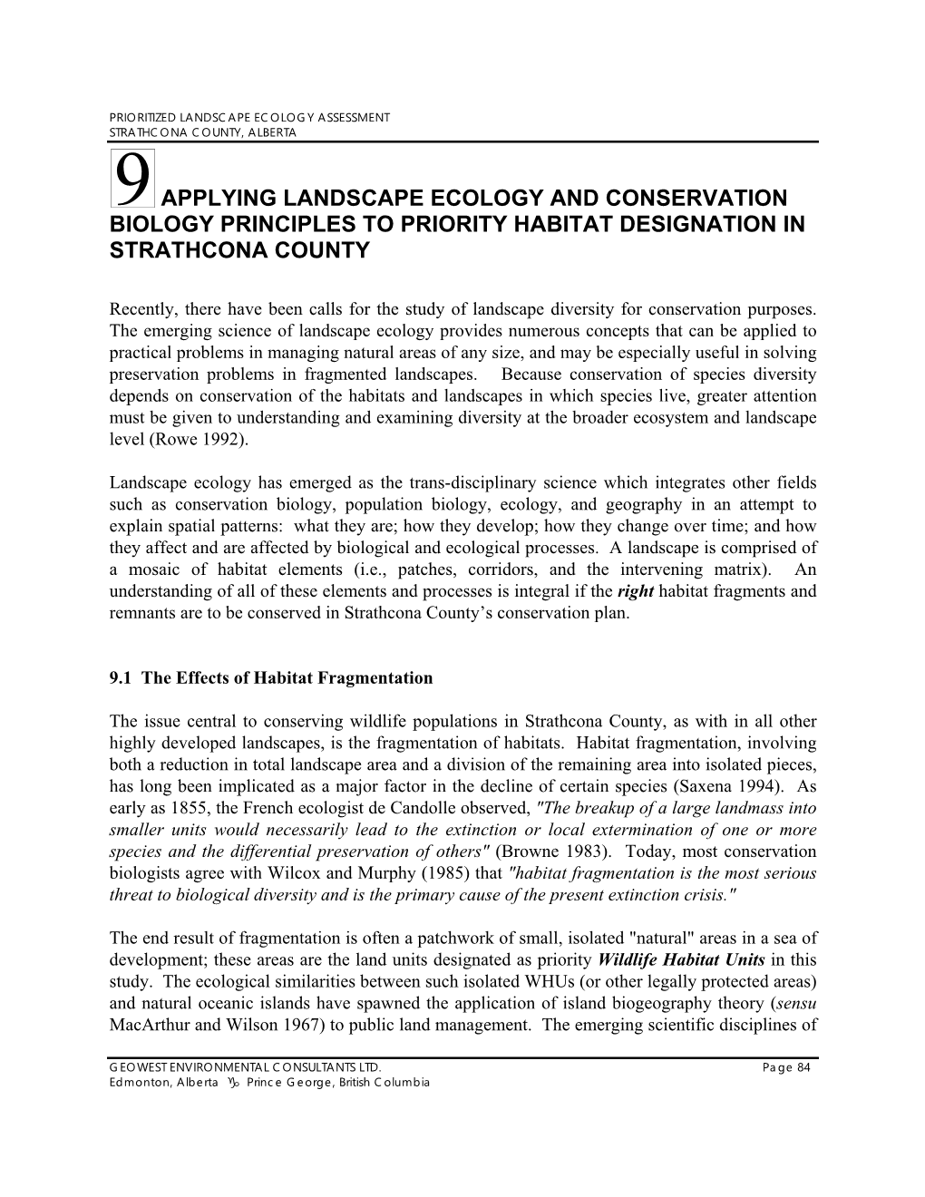 Prioritized Landscape Ecology Assessment of Strathcona County