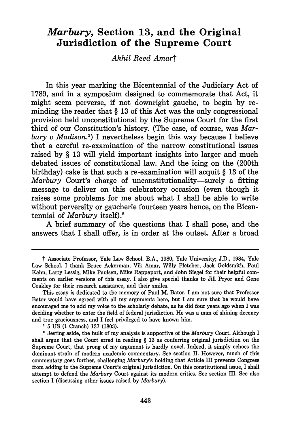 Marbury, Section 13, and the Original Jurisdiction of the Supreme Court Akhil Reed Amart